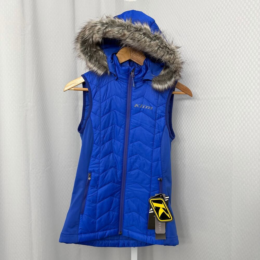 Klim Arise Vest Womens Small Blue Faux Fur Hood Full Zip Performance Insulated